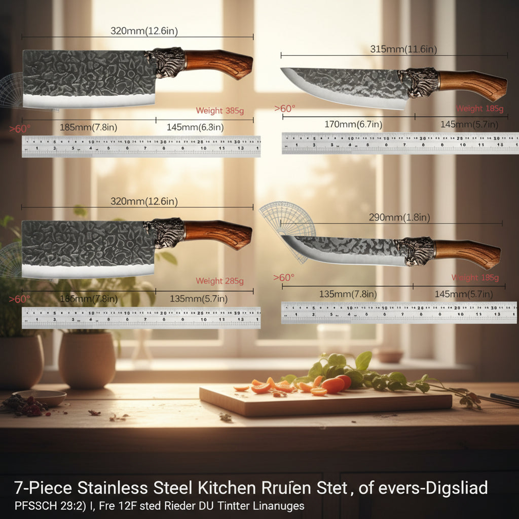7-Piece Stainless Steel Kitchen Knife Set - Forged Professional Kitchen Knife Set, Boning, Slicing, Carving, Filleting, Deboning,Ping, Ultra-Sharp Cooking Tools for Meat and Fish Meatcleaverset Kitchenware